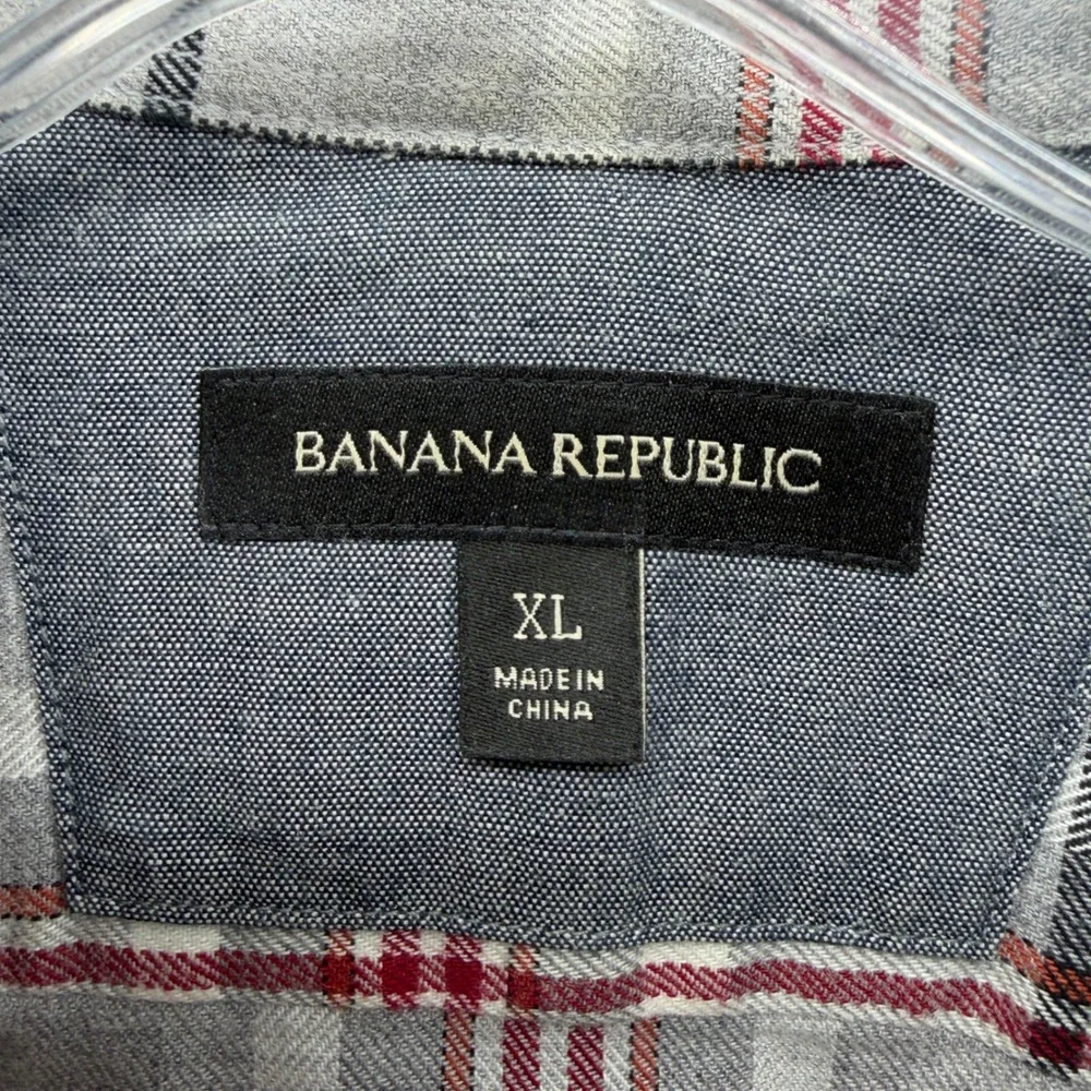 Banana Republic Shirt Mens XL Plaid Flannel Button Down Gray Red Long Sleeve